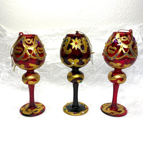 Christmas Ornaments in Red Burgundy Wine Glasses with Gold De Set of 3 - Picture 3 of 4